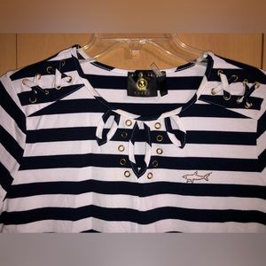 Vecceli Italy Navy White Striped Cotton Sailor Top Shirt Medium 3/4 Sleeves
